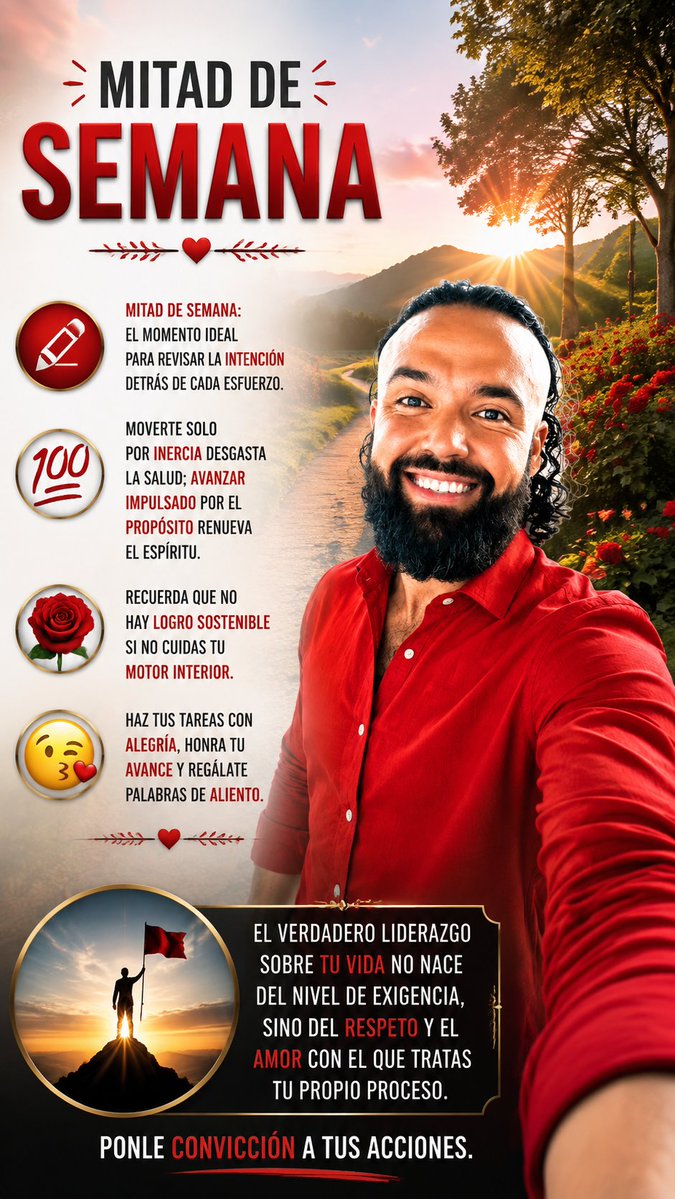NicoExitoso's tweet photo. Mitad de semana: el momento ideal para revisar la intención detrás de cada esfuerzo.💯 Moverte solo por inercia desgasta la salud; avanzar impulsado por el propósito renueva el espíritu.🌹 Recuerda que no hay logro sostenible si no cuidas tu motor interior.😘 

 #Propósito #Amor https://t.co/6Cjyk70SkW