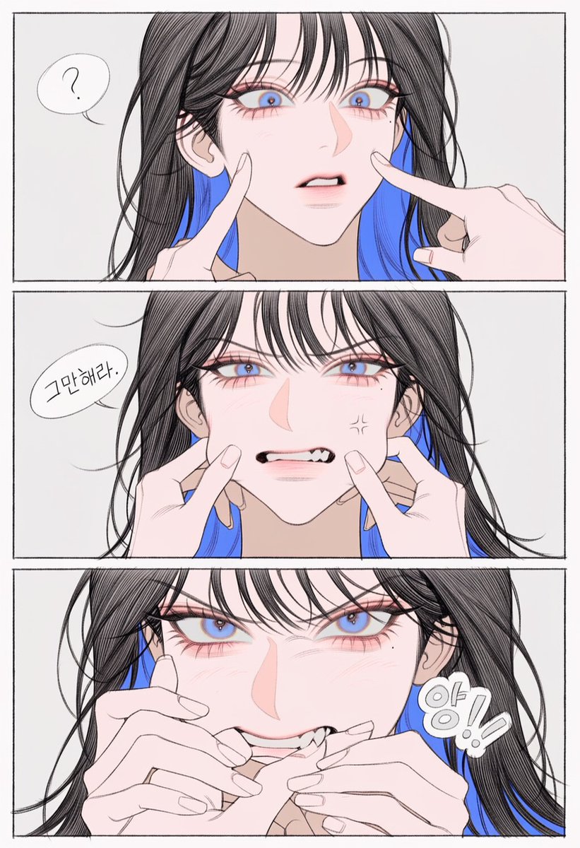 vast_bada's tweet photo. 프롬공유, 그만해라💢
-v5만 가능

3koma, 3panels, vertical comic strip, single character, thin white border

[Panel 1]: Close-up, 2::a pair of hands reaching from off-screen, fingers gently poking and touching A's cheeks::, A looking up with wide surprised eyes, slightly parted lips. A handwritten speech bubble with black text on a white background floating near A's head reading "?"

[Panel 2]: Closer medium close-up, 2::the off-screen hands still playing with A's cheeks, pinching and pulling softly::, A's expression shifting to annoyed, brows furrowing, glaring. A handwritten speech bubble with black text on a white background floating near A's head reading "그만해라."

[Panel 3]: Extreme close-up, 3::A grabbing one of the off-screen hands with both hands, biting down on the fingers::, A's eyes glaring upward with fierce annoyed expression, teeth sinking into the hand. Soft, rounded, bubbly sound effect lettering near A's mouth reading "앙!"

2::continuous zoom-in: surprised → annoyed → angry reaction::, 3::progressive close-up escalation across all three panels::, off-screen hands visible in every panel, only A's face shown