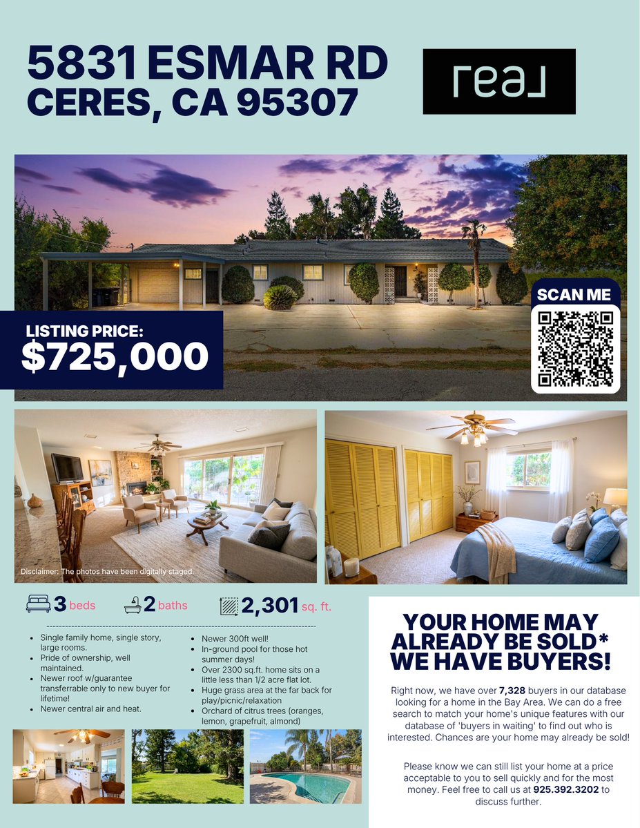 lnicolini2's tweet photo. 🏡 Looking for space & comfort? This 2,300+ sq. ft. single-story Ceres home sits on nearly ½ acre with an in-ground pool, newer roof, A/C, heating & 300-ft well! ✨
📍 5831 Esmar Rd, Ceres
📲 Call Leticia for a private tour!
#CeresCA #PoolHome #RealEstate https://t.co/brJmTuEaPE
