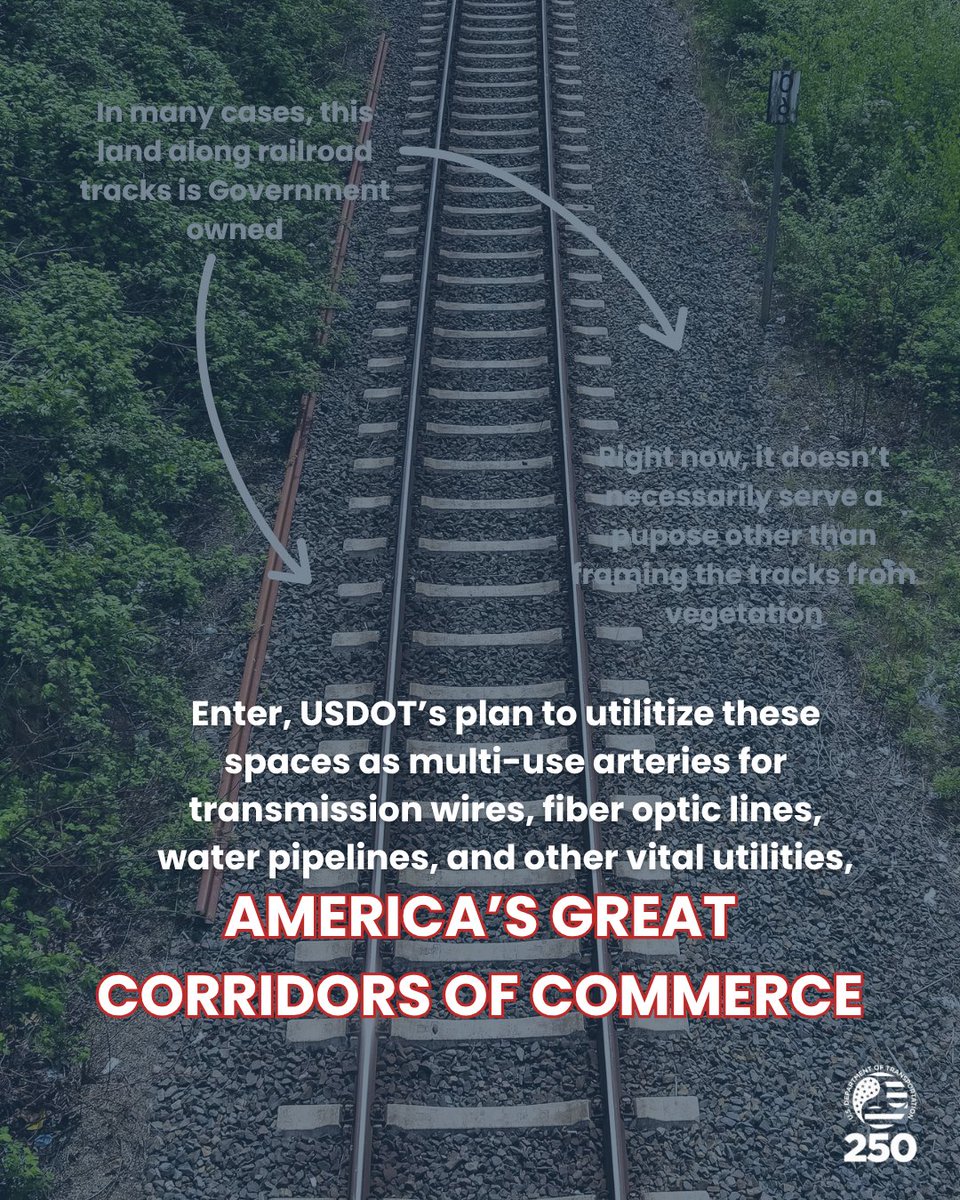 SecDuffy's tweet photo. We have nearly 161,000 miles of highways thanks to President Eisenhower and another 140,000 miles of railroad tracks as part of the national freight network.

Why not make extra use of the land – which has already gone through permitting – as corridors for energy, fiber, other technologies of the future? 

Introducing AMERICA’S GREAT CORRIDORS OF COMMERCE 

It’s just COMMON SENSE 🇺🇸🔥