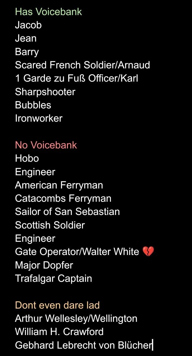 NAPOLOIDNEWS's tweet photo. (NAPOLOID NEWS)

Here is a list of Guts &amp; Blackpowder NPCs that haven't been yet made into voicebanks. https://t.co/RHzRrBFnZy