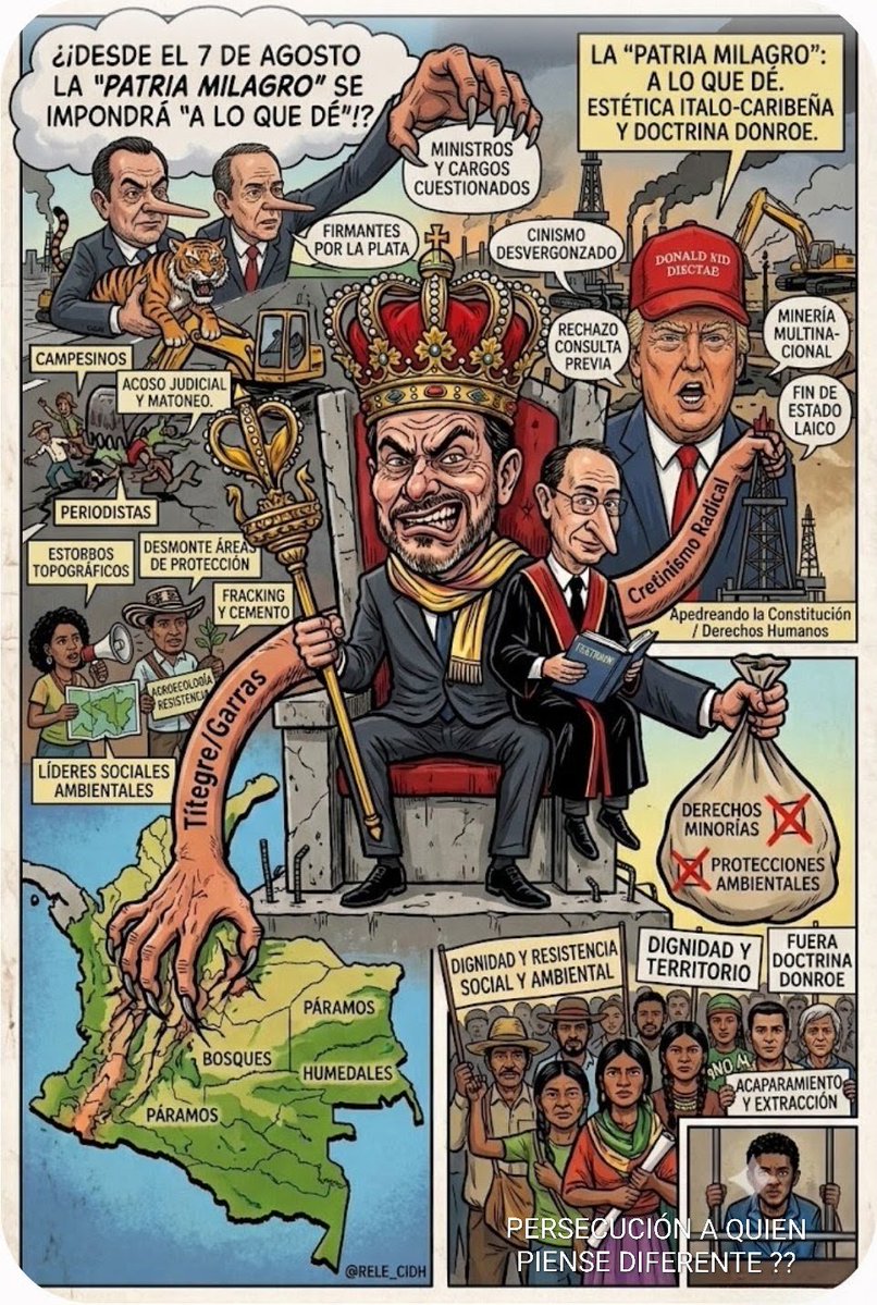 RuraliaUrbana's tweet photo. "La caridad" del extractivismo... Incendios en el Tolima y "la jugadita" de los "filántropos" tras las cenizas!!
https://t.co/7lVfcKrtDG
☝️🧐🔎
Mientras las montañas del Tolima aún despiden humo tras ser arrasadas por incendios forestales que si bien obedecen al cambio climático que genera el fenómeno del niño y del superniño, que no demora, así como por intereses sistemáticos intencionados devoradores e ilegales depredadores, el escenario político y corporativo despliega su mejor puesta en escena "dramática". 

Las cenizas no terminan de enfriarse cuando, en un acto de oportunista iluminación, aparecen en escena los supuestos "salvadores": inversionistas y empresarios vinculados al capital trasnacional de Canadá e Israel, anunciando entre bombos y platillos alianzas de "cooperación internacional" para la recuperación ambiental de la región, cuando bajo la alfombra verde de la "solidaridad corporativa", la geografía de las llamas coincide sospechosamente con el mapa de intereses extractivos multinacionales, títulos de exploración minera y concesiones agroindustriales.

En la Doctrina Donroe de la Patria Milagro, un bosque biodiverso es un estorbo normativo y ambiental, pero un suelo arrasado por el fuego, en cambio, es propicio para la intervención, el cambio de uso del suelo o la legitimación de proyectos extractivos que con "jardinería industrial" maquillan compensaciones ambientales.

Los incendios informados a lo largo del departamento se han ensañado sobre corredores ecológicos estratégicos, zonas donde el capital transnacional lleva años empujando la delimitación de bloques de exploración de oro, cobre y minerales críticos.

El "apoyo desinteresado"...
Resulta PARAdójico - por no decir aberrante - que corporaciones ligadas a economías extractivistas en Canadá o a conglomerados tecnológicos-militares en Israel descubran de repente una desbordante empatía ecosistémica por la flora y fauna tolimense. Su verdadero interés no es sembrar árboles; es legitimidad social. Un vivero financiado es el peaje reputacional para justificar maquinaria pesada mañana🧐

El papel del gobierno departamental encabeza la docilidad administrativa. Celebran como una proeza de la diplomacia local el apretón de manos con empresarios cuyos portafolios de inversión riñen directamente con la soberanía hídrica y agroecológica de municipios afectados.

En lugar de adelantar investigaciones forenses rigurosas que determinen los verdaderos perpetradores de la quema criminal de más de 50.000 hectáreas, la respuesta del gobierno de @ABDELAESPRIELLA es abrir la puerta a las multinacionales para que "ayuden a reforestar" como "únicos agentes capaces de restaurar".

Causalidades, no casualidades!!
El desembarco de capitales canadiense e israelí en el Tolima, posincendios, responde a una narrativa penetración territorial que pretende con Greenwashing cambiar la figura del "monstruo extractivo que destruye el agua" a la del "aliado estratégico que dona viveros y recupera fauna".
La intervención en planes de restauración le permite al capital privado mapear, intervenir y condicionar el uso del suelo bajo la figura de "conservación/sostenible" y las comunidades golpeadas por la pérdida de sus medios de subsistencia terminan aceptando la dádiva del privado "apoyando al Estado", como licencia social forzada.

Lo que ocurre en el Tolima no es una desgracia climática atenuada por la "buena voluntad internacional", sino un despojo modelado en dos tiempos: primero el fuego destruye la cobertura vegetal y desplaza a la comunidad; luego el capital extranjero financia la restauración para lavar su imagen y asentarse en territorio.

Voraces en su codicia, solapados en métodos y profundamente oportunistas ante la tragedia humana y ecológica, mientras comunidades lloran sus cultivos y la fauna nativa se quema viva, en escritorios públicoprivados el negocio industrial y extractivista sobre las cenizas de montañas, inicia su "lobby caritativo".
#GreenwashingDeEstado
@RELE_CIDH