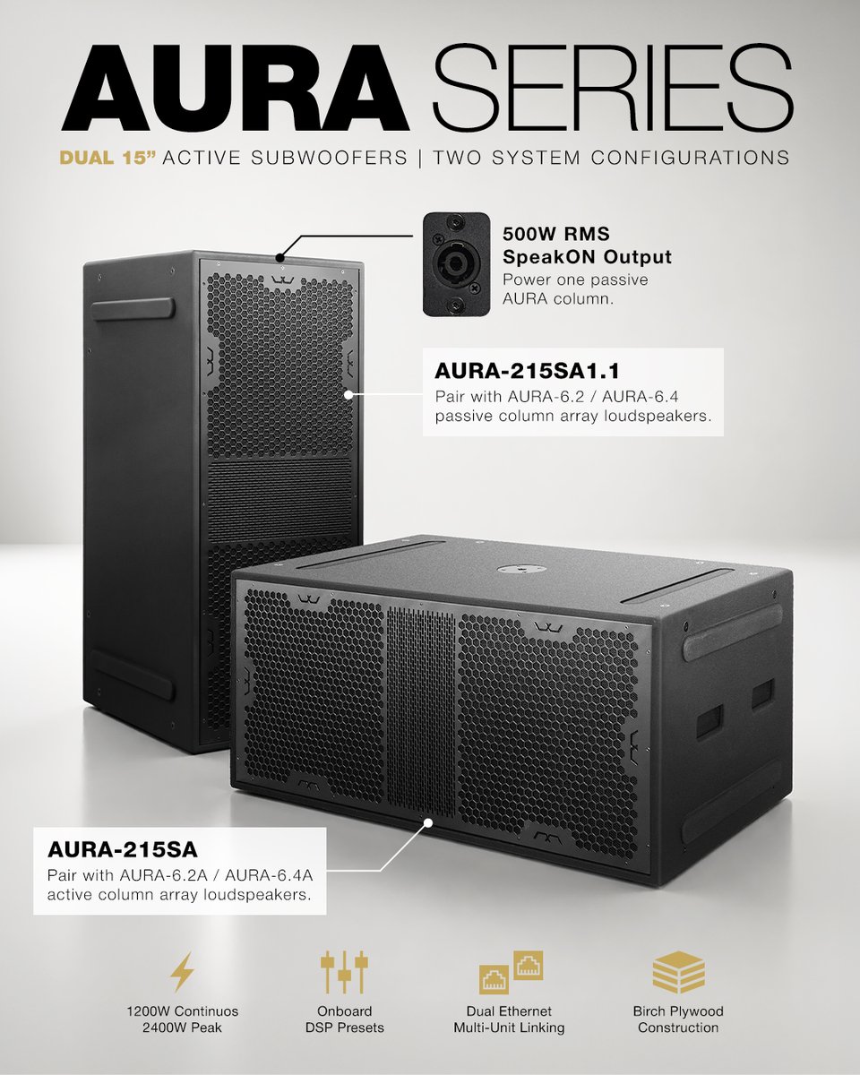 soundtowninc's tweet photo. Build the AURA system around your venue with the AURA-215SA and AURA-215SA1.1 powered dual-15" subs, delivering 2400W peak output and six DSP presets. Pair them with AURA columns to stack, mount, fly and scale. 
https://t.co/xa4NeiMLpS https://t.co/aoIk9YBCWe