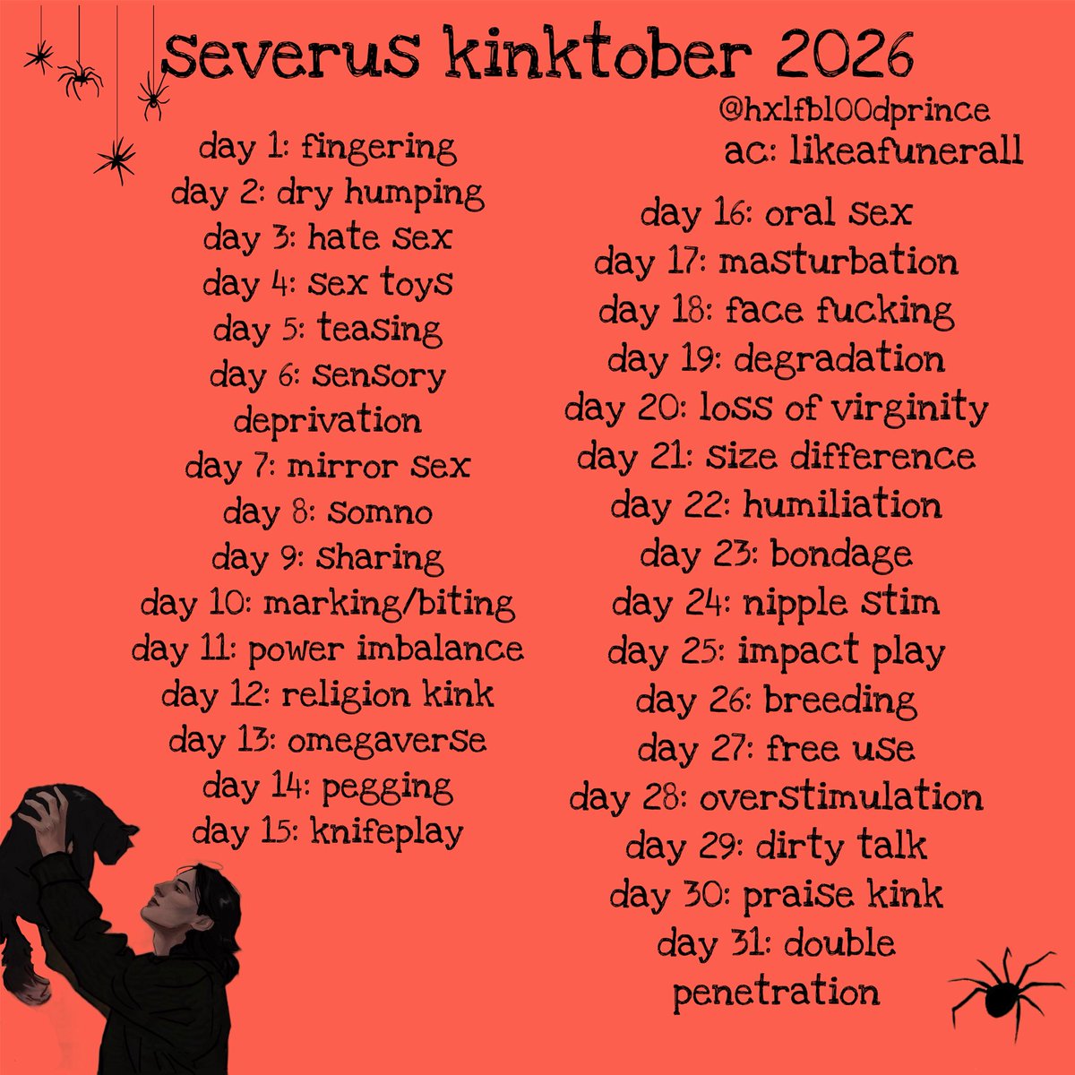 hxlfbl00dprince's tweet photo. #SeverusKinktober2026

I meant to have this posted a bit earlier, but better now than never. Here are the 2026 Severus kinktober prompts, if you post any work use the hashtag so snape fans can admire you!! https://t.co/uSUXbEDzP0