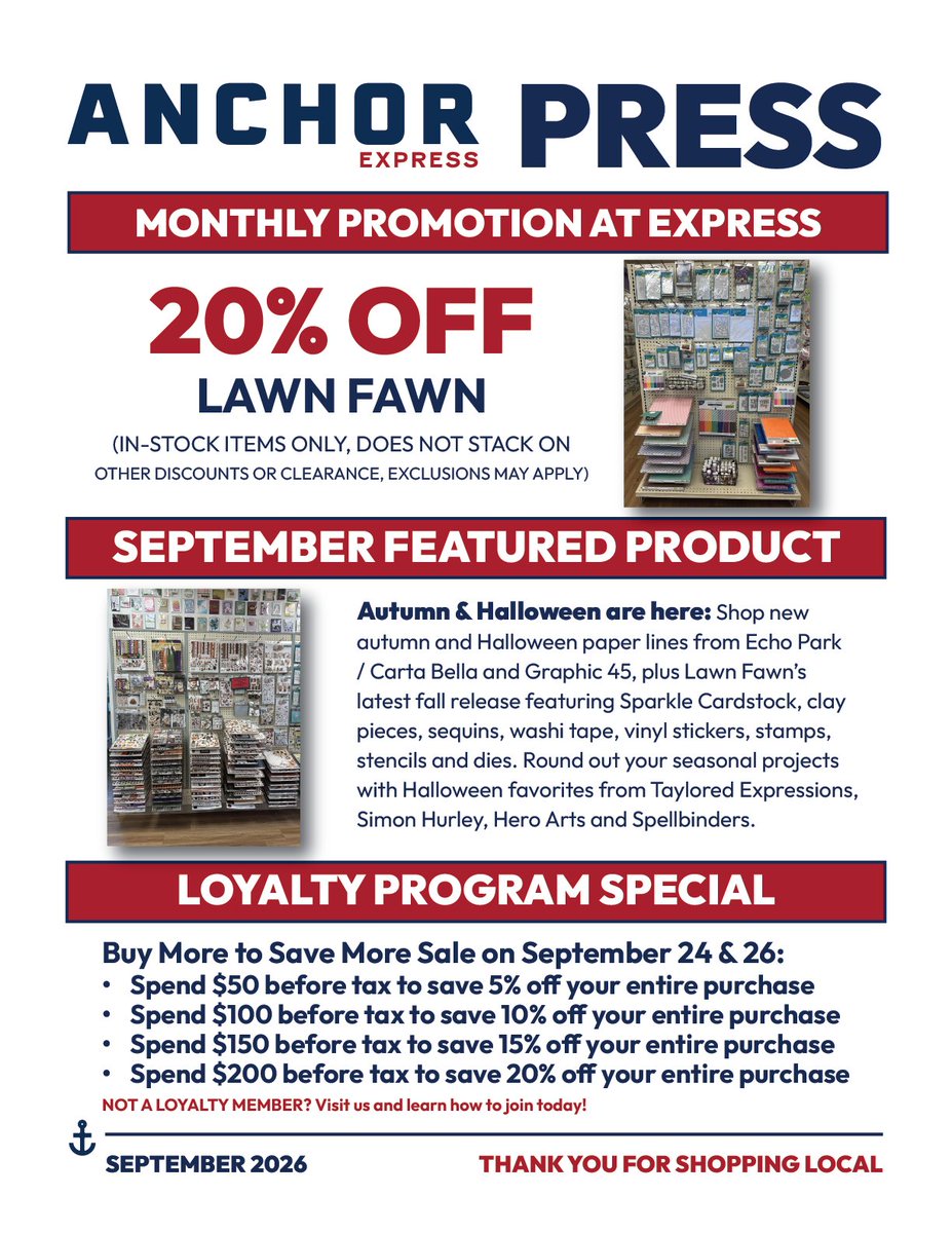 AnchorPXpress's tweet photo. September is here! Shop 20% off in stock Lawn Fawn, check out new Autumn and Halloween products, and save more during our loyalty member sale on September 24 and 26. See all new arrivals in the latest Express Press here: https://t.co/1OtL4QjSdX https://t.co/s4I3RcF15U