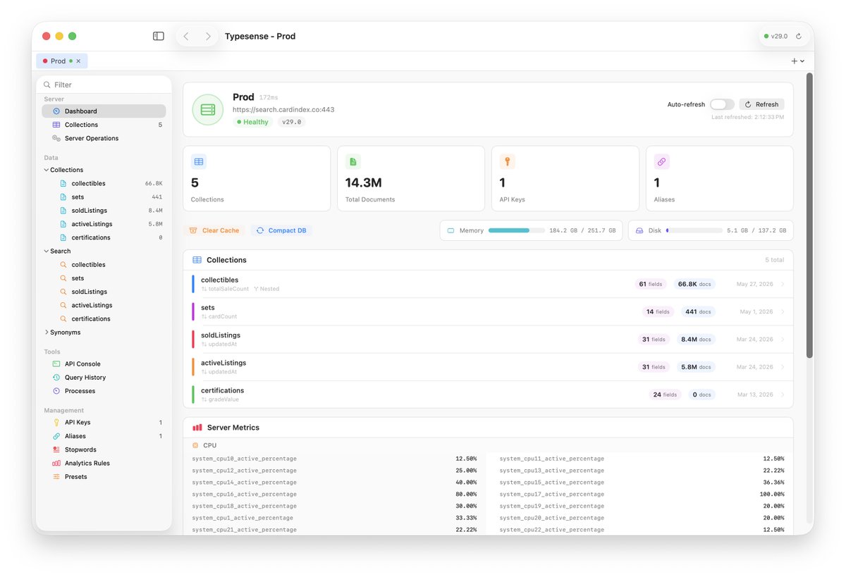 dennis_s's tweet photo. For the @typesense devs on Mac - I built a native macOS client for Typesense a few months ago because I wanted something faster and nicer to use than the existing tools.

It’s become my go-to for browsing collections, searching data, and managing Typesense.

Check it out: https://t.co/XNq9ZNATsd