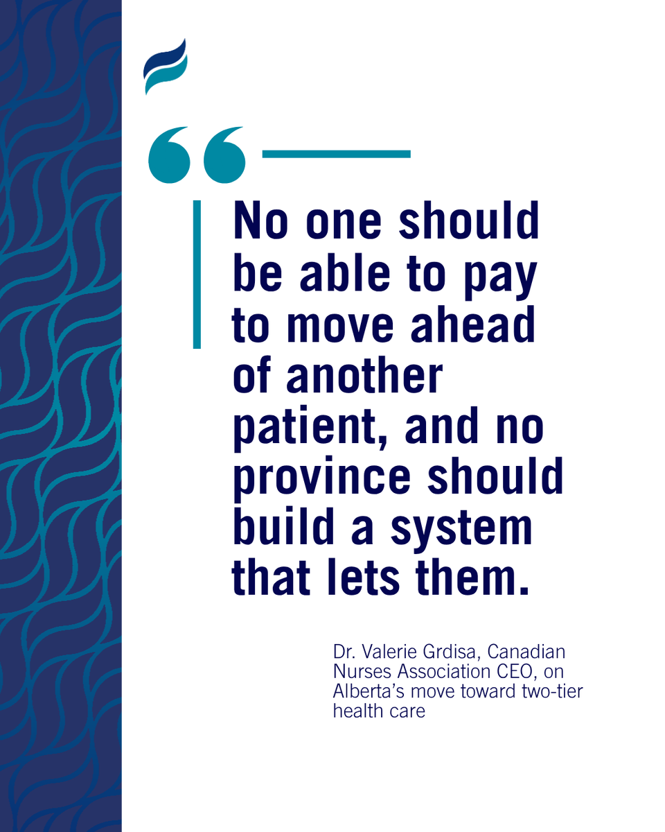 canadanurses's tweet photo. Alberta's Bill 11 took effect yesterday — a dangerous step toward two-tier care, and CNA is calling on the federal government to step in. 

The bill lets physicians bill the public system for health-care services while also charging patients out of pocket for the same services in their private practice.

A two-tier system won't ease the pressure the public system is already under. It will deepen it, leaving patients who can't pay to skip ahead waiting longer.

Decades of global evidence show that private, for-profit health systems drain resources from public systems without reducing wait times or improving access — and worse, they produce poorer outcomes. 

There are better ways to cut wait times and improve access, and all four designations of nurses are ready to put them into practice: letting nurses and other health professionals work to their full scope, and expanding nurse-led, nurse practitioner-led and team-based care in every setting.

That's why CNA is calling on the federal government to enforce the Canada Health Act.

Read our statement: https://t.co/WtxdQX9Ols