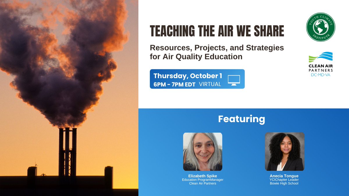 CleanAirPartner's tweet photo. Attention #educators - join us 10/1 for a Youth Climate Institute #ProfessionalDevelopment session!📚✏️ We'll share engaging, hands-on ideas and resources that empower students to explore #AirQuality issues and take meaningful action. Learn more here: https://t.co/3r3Id6e5hD https://t.co/fnLy2EeA41