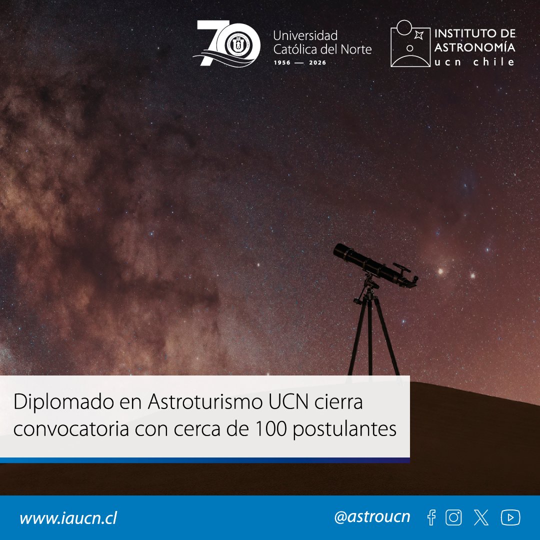 AstroUCN's tweet photo. Con cerca de 100 postulaciones finalizó el exitoso proceso de postulación al Diplomado en Astroturismo de la Universidad Católica del Norte (@UCN), iniciativa pionera en el país. 🔭🌌

Conoce más sobre en 🔗  https://t.co/FwiJZGsNRX https://t.co/7YXwziBAKk
