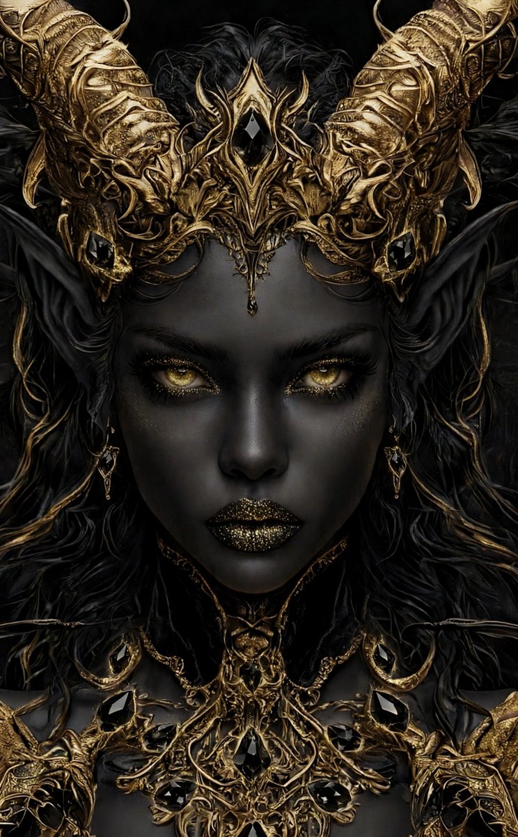 Nevergiveup_93's tweet photo. She wasn't born in darkness. She became it. 🖤👑
Black skin, golden horns, lips laced with stardust.
Not a fallen angel. Not a demon. She is the Queen they prayed never to awaken. ✨
 
Would you bow or burn? 🔥

#blackandgold #demonqueen #darkfantasy 
#fantasyart #aiart https://t.co/EkqM9xTtMb