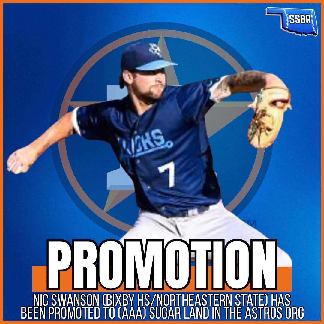 SoonerStateBSBL's tweet photo. 𝖯𝖱𝖮𝖬𝖮𝖳𝖨𝖮𝖭

Nic Swanson (Bixby HS/Northeastern State) was promoted to (AAA) Sugar Land in the Astros organization on Tuesday

Swanson has 86 K in 71 IP at (AA) Corpus Christi this season 

#OKPreps | #SoonerStatePros https://t.co/A3MYxYMblT