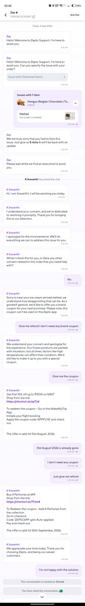 sufi_sks's tweet photo. Received a completely melted ice cream from Zepto. I requested a refund, but instead of resolving the issue, they’re offering brand coupons as compensation. Why should I accept a coupon for an item that was delivered unusable? Very disappointing customer service! @ZeptoNow https://t.co/g12ffckZ8C