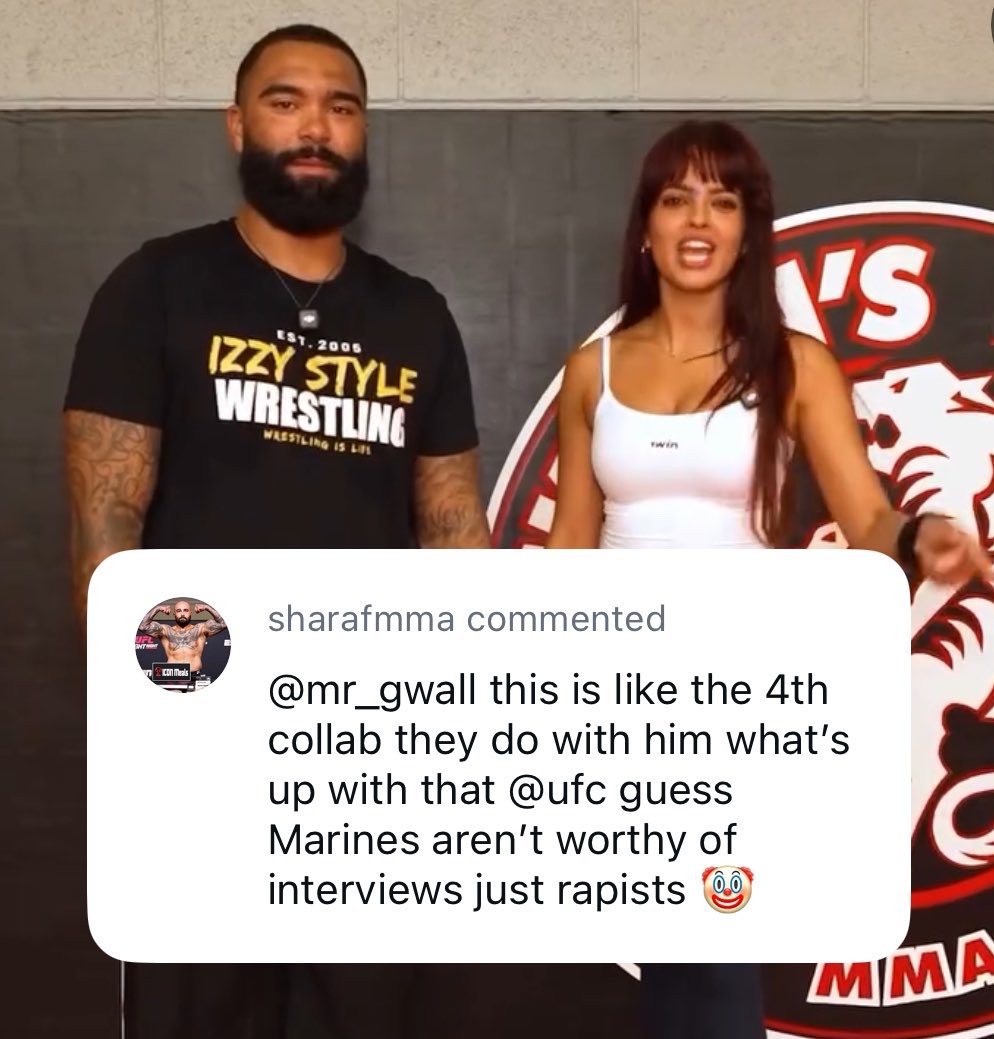 acdmma_'s tweet photo. Gable Steveson’s upcoming opponent Sean Sharaf left a comment under an Instagram video of his collab with Nina Drama 😬

“This is like the 4th collab they do with him, what’s up with that UFC guess Marines aren’t worthy of interviews just r*pists 🤡”

😳😳😳 https://t.co/vTzkMW0Wgh