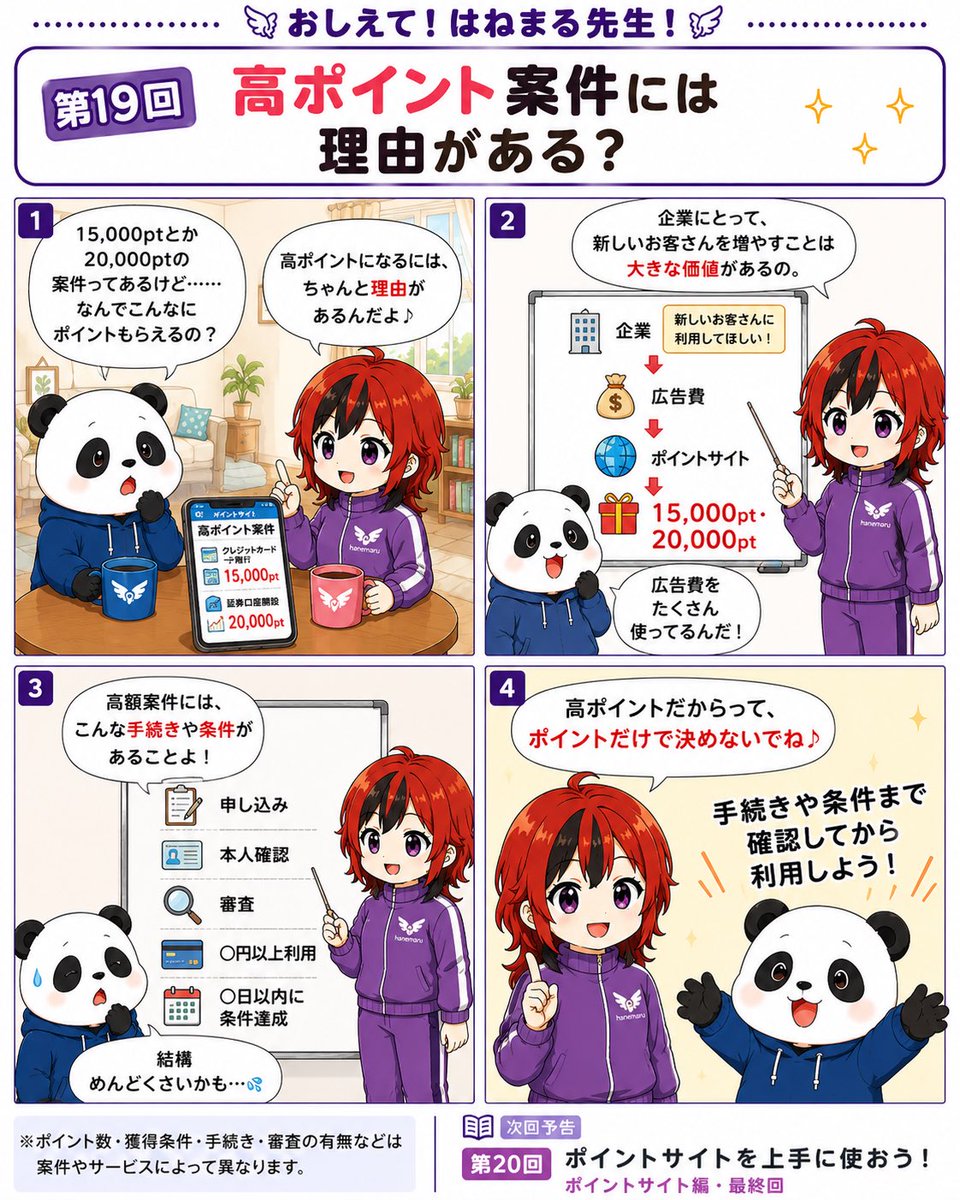 hanemaru_log's tweet photo. 【おしえて！はねまる先生】
［第19回　高ポイント案件には理由があるる？］

15,000pt、20,000ptの高ポイント案件…なんでそんなにもらえるか気になったことありませんか?

実は企業が広告費をかけてでも新規のお客さんを増やしたいからなんです^ ^
でも高ポイントだからって飛びつかず、手続きや条件もちゃんと確認してからにしましょうね♪

次回、第20回はポイントサイト編・最終回「ポイントサイトを上手に使おう!」お楽しみに

#はねまる先生 #ポイ活