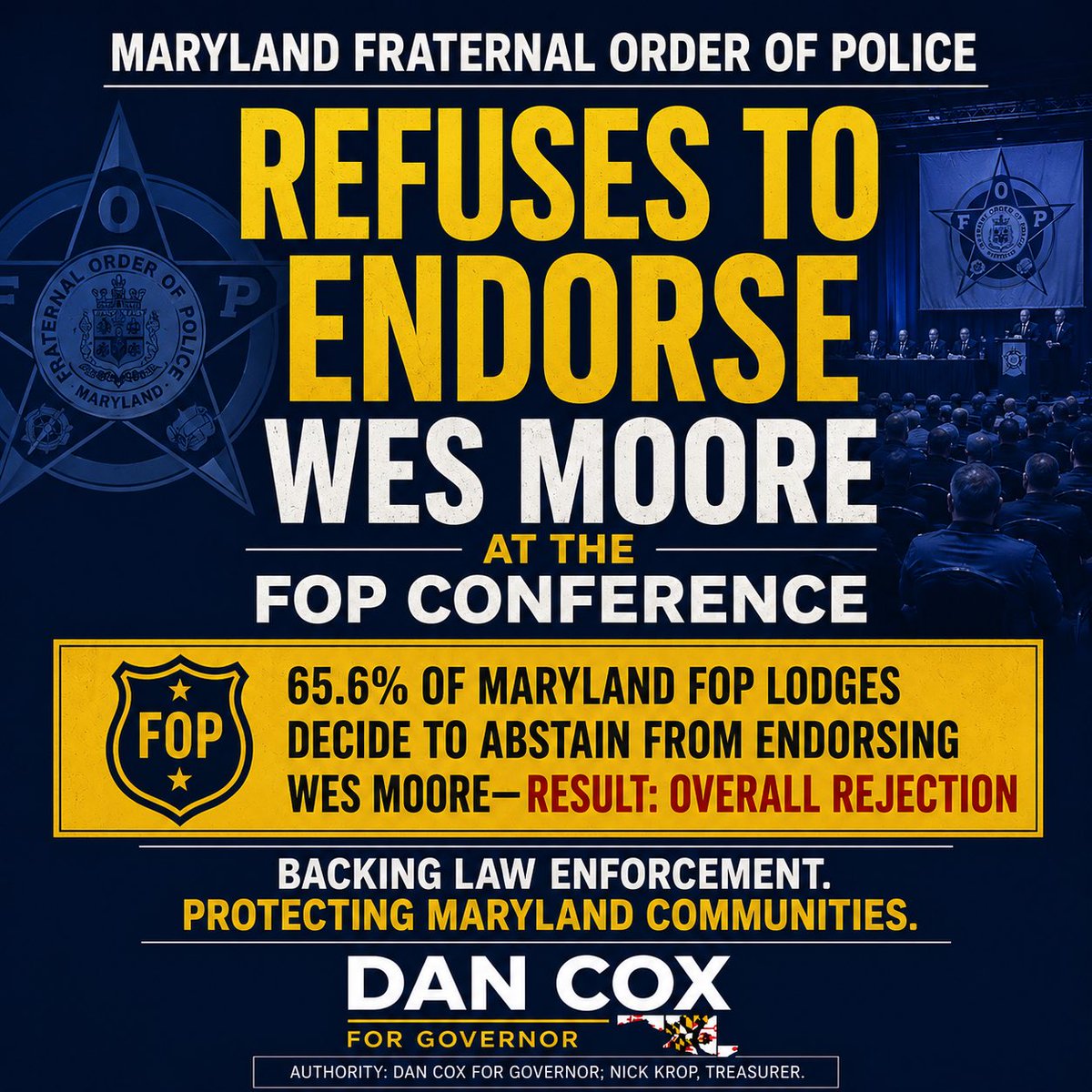 dancox4maryland's tweet photo. FOR IMMEDIATE RELEASE

September 2, 2026

DAN COX RECEIVES STANDING OVATION AT FOP CONFERENCE; FOP DECLINES TO ENDORSE
Cox delivers forceful message of support for Maryland law enforcement and pledges to give officers the
resources they need to protect our communities.

OCEAN CITY, MD — Republican gubernatorial nominee Dan Cox received a standing ovation from
members of the Fraternal Order of Police following a powerful address outlining his plan to back Maryland
law enforcement and provide officers with the resources, staffing, training, and support they need to keep
Maryland communities safe.
Following the candidates’ appearance and the FOP’s endorsement process, according to those in
attendance, it was reported that 65.6% of the Maryland FOP Lodges refused to endorse Wes
Moore—resulting in their overall rejection of endorsing Governor Moore for re-election. The FOP’s
decision not to endorse Wes Moore sends a significant message as Maryland voters consider the future
of public safety and law enforcement across the state.
Cox’s reception underscored the growing concern among members of Maryland’s law-enforcement
community about the direction of public safety in the state and the need for leadership that will listen to
the men and women serving on the front lines.
“I was deeply honored by the reception we received from the men and women of the FOP,
” Cox said.
“These officers know firsthand what is happening in our communities. They know what they need to do
their jobs—lower taxes on their retirement and property—and as governor, I will listen to them and make
sure Maryland law enforcement has the resources and support necessary to protect our citizens.
”
Cox pledged to continue meeting directly with law-enforcement officers across Maryland and
incorporating their experience into his administration’s public-safety policies.
“To every officer, deputy,
trooper, correctional officer, and law-enforcement family across our state: I hear you, I respect you, and as
your governor, I will have your back,
” Cox said.
###