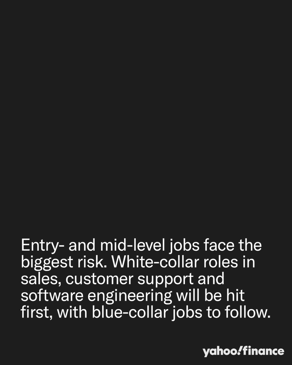 YahooFinance's tweet photo. Bill Gates isn't just warning that jobs are at risk — he says the whole shape of work is about to change, and almost nobody is ready for it.

In an essay, Gates writes that entry- and mid-level roles face the steepest risk first — white-collar work in sales, support and engineering, before the disruption spreads to blue-collar jobs. Stanford researchers already found a 16% drop in employment among young workers in AI-exposed roles.

His proposed fix: stronger safety nets, retraining programs, taxes on AI and robots, and jobs deliberately set aside for people. Whether any of that happens before the disruption does is still an open question.

Read more: https://t.co/xPkN6XfVMR