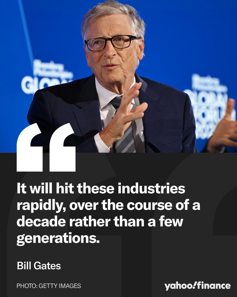 YahooFinance's tweet photo. Bill Gates isn't just warning that jobs are at risk — he says the whole shape of work is about to change, and almost nobody is ready for it.

In an essay, Gates writes that entry- and mid-level roles face the steepest risk first — white-collar work in sales, support and engineering, before the disruption spreads to blue-collar jobs. Stanford researchers already found a 16% drop in employment among young workers in AI-exposed roles.

His proposed fix: stronger safety nets, retraining programs, taxes on AI and robots, and jobs deliberately set aside for people. Whether any of that happens before the disruption does is still an open question.

Read more: https://t.co/xPkN6XfVMR
