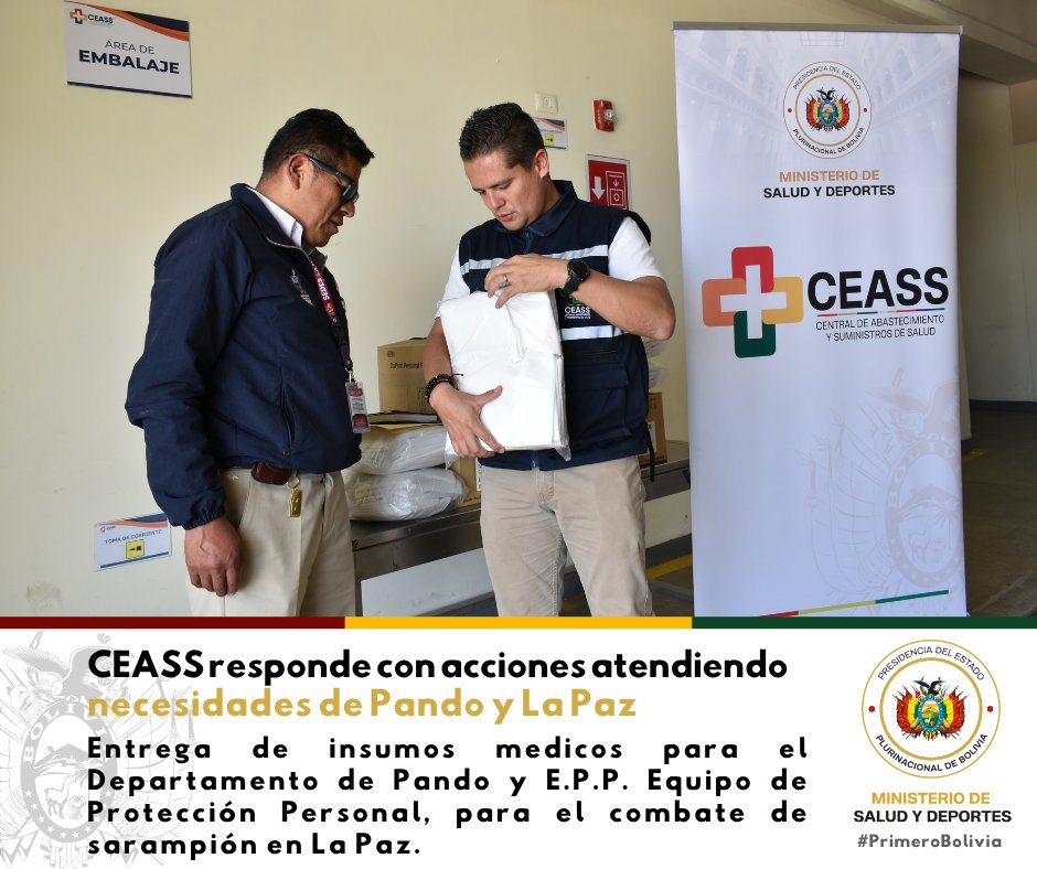 CeassBolivia's tweet photo. ¡Protegiendo la salud! Insumos médicos para Pando y equipo de protección contra el sarampión en La Paz 🩺📦 https://t.co/3TEoyn1oDo
