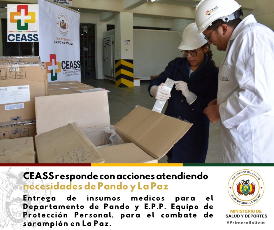 CeassBolivia's tweet photo. ¡Protegiendo la salud! Insumos médicos para Pando y equipo de protección contra el sarampión en La Paz 🩺📦 https://t.co/3TEoyn1oDo