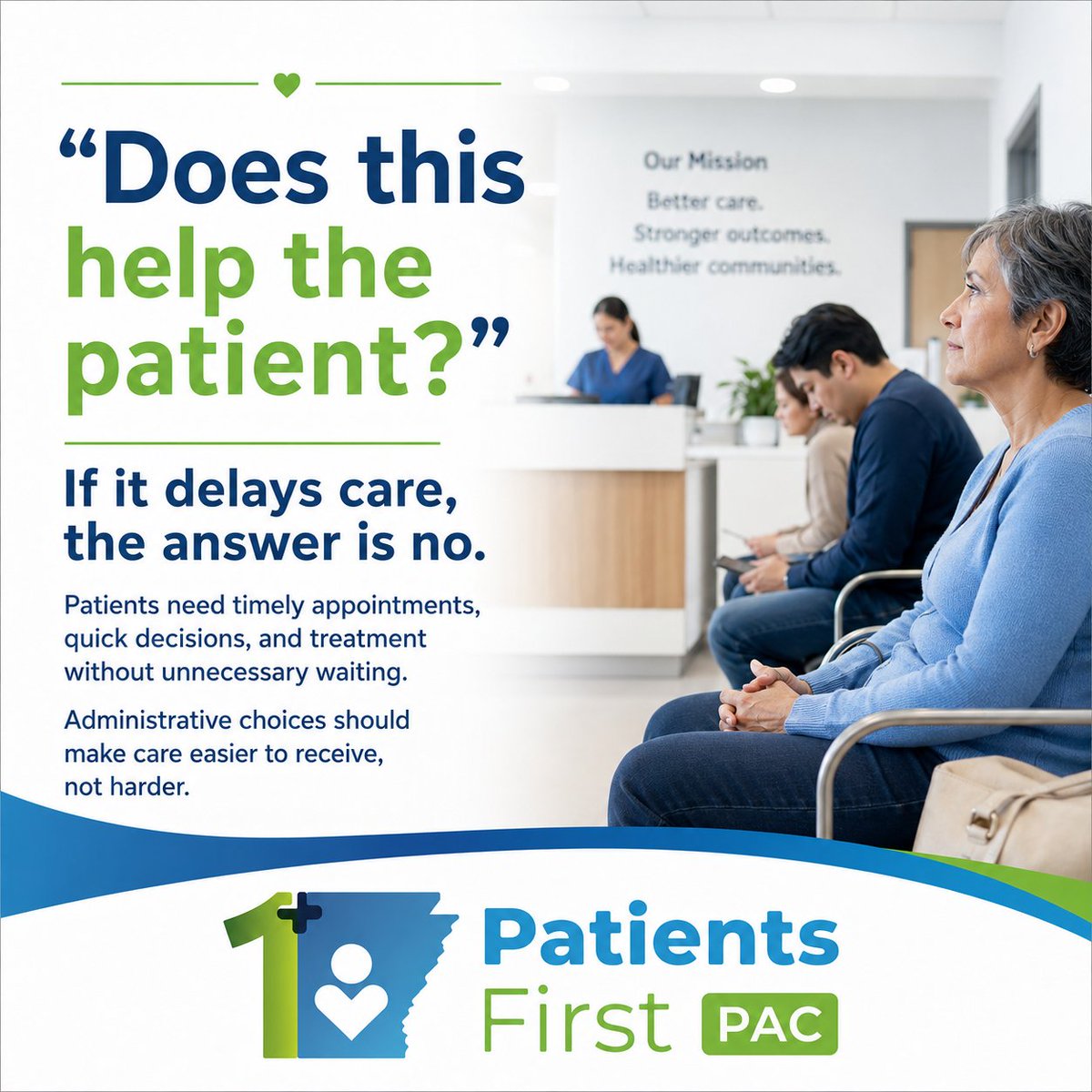 PatientsFirstAR's tweet photo. Every decision in healthcare should begin with one simple question: Does this help the patient?

If a policy delays care, creates confusion, adds unnecessary cost, or buries providers in paperwork, then it is time to rethink that priority.

Patients deserve a healthcare system that puts people before process, care before bureaucracy, and outcomes before obstacles.

#PatientsFirstPAC #PatientsFirst #ArkansasHealthcare #PatientAdvocacy #HealthcareReform #PatientCare #HealthcareAccess #HealthcarePolicy
