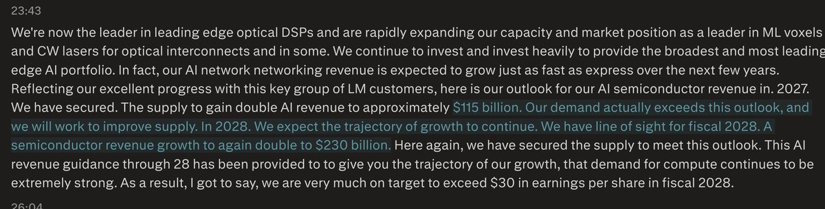 aleabitoreddit's tweet photo. There we go, $AVGO earnings call to clarify miss. Broadcom expects:

FY27E: ~$115B (+100% growth)
FY28E: ~$230B (+100%), think analysts were modeling ~$180B. 

Demand actually exceeds this outlook, and Broadcom will work to improve supply. This is way above street estimates, similar to $NVDA earnings. 

"very much on target to exceed $30 in earnings per share in fiscal 2028." ~12.2x forward p/e (of $367/share)

Also just a brownie quote: "AI networking revenue is expected to grow just as fast as XPUs over the next few years."

Way more bullish forward guidance relative to next soft quarter revenue projections, think the few percent AH selloff was an overreaction.

Just my initial thoughts.