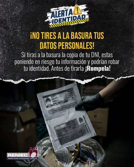 ReniecPeru's tweet photo. 🛡️ Tu DNI contiene información personal que debe ser protegida, incluso cuando ya no la necesitas.
📄 Si sacas una copia de tu DNI, no la deseches intacta. Rómpela o destrúyela antes de tirarla para evitar un posible uso indebido de tus datos.
#AlertaIdentidad #IdentidadSegura #DNI