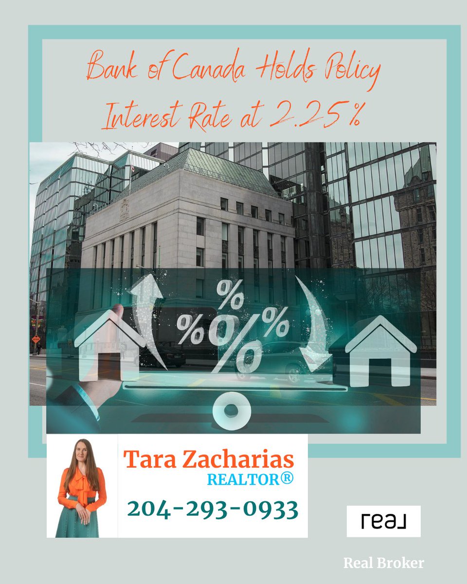 TaraZREALTOR's tweet photo. 💫The Bank of Canada announced that it is keeping its key rate at 2.25%

Whether you're buying or selling, understanding how interest rates fit into your plans is an important part of preparing for your next move.

#winnipegrealestate #manitobarealestate #winnipeghomes #wpg https://t.co/hR93yFEGae