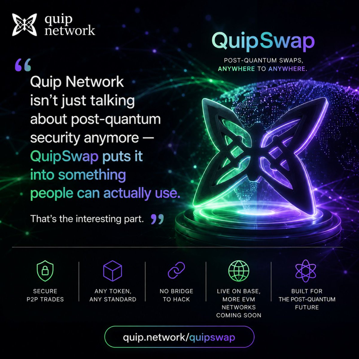 After_Midnigh's tweet photo. @quipnetwork is making the quantum threat feel less theoretical

QuipSwap is already live, bringing post-quantum protection directly into cross-chain swaps

The future of security isn't something to prepare for later

It's being built now https://t.co/Pn16wb25tI