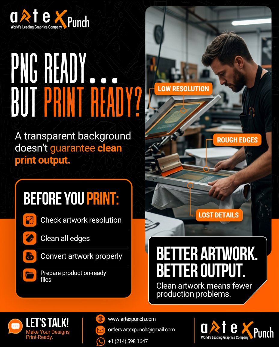 ArtexPunch's tweet photo. PNG READY ≠ PRINT-READY. 👀🖨

A transparent background doesn’t guarantee a clean print.

Low resolution, rough edges &amp; lost details can ruin the final output.

Need print-ready artwork?
📩 DM Artex Punch
📧 orders.artexpunch@gmail.com
📞 +1 (214) 598-1647 https://t.co/pOZMnUpgWF