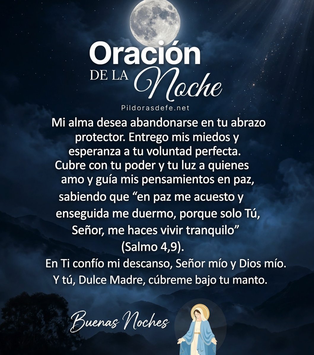 Pildorasdefe's tweet photo. En paz me acuesto y enseguida me duermo.

Señor, mi alma desea abandonarse en tu abrazo protector esta noche. 🌙

Te entrego mis miedos y también mi esperanza.

Hoy descanso sabiendo que no depende de mí. Solo Tú me haces vivir tranquilo. (Salmo 4,9)

Y tú, Dulce Madre, cúbreme bajo tu manto.

Buenas noches.

Si sentiste algo de paz con esta oración, puedes guardarla si la necesitas para volver a ella esta noche, o compartirla con quien crees que la necesite.

Oramos por tus intenciones

🙏