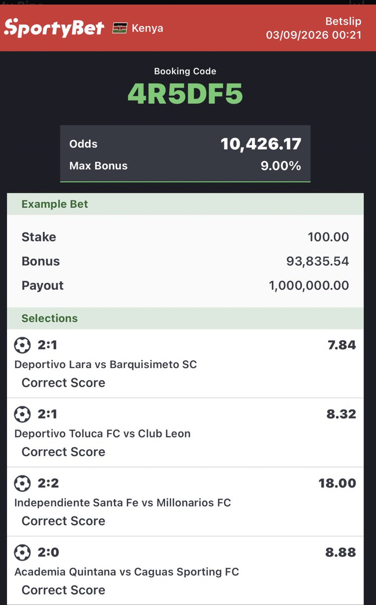 CallMeR_eal's tweet photo. #Sportybet MIDNIGHT - CORRECT SCORE
Booking Code : 4R5DF5
10.4 +k Odds
💪 my brothers we go win this… BOOM 💥
#SportyBetZA #Ghana #Nigeria #Tanzania #Kenya #SportyBet https://t.co/yg1O03jXq0
