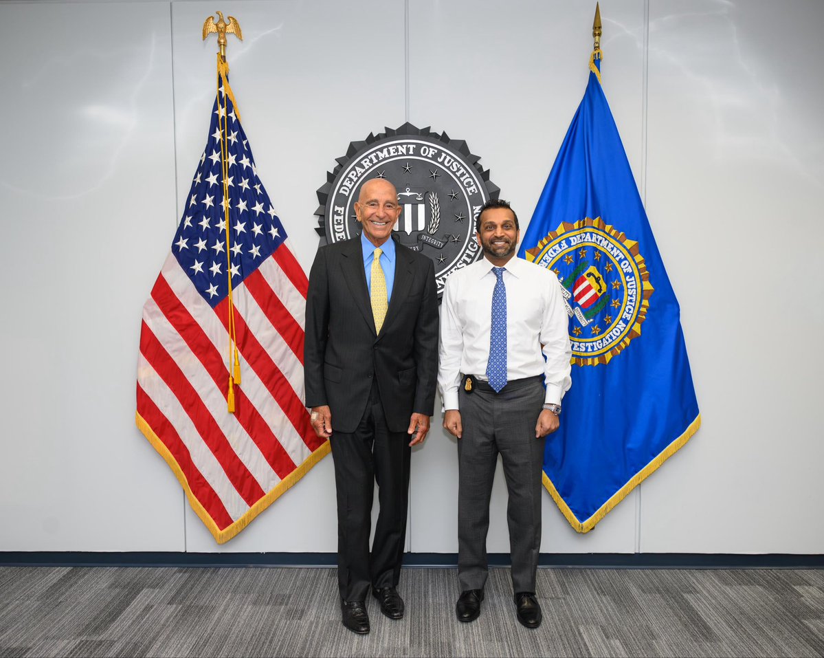 FBIDirectorKash's tweet photo. Great to host my good friend Ambassador Tom Barrack from Turkey here at the @FBI - an amazing public servant and friend to law enforcement everywhere. Ambassador Barrack has helped this FBI in so many key areas, most notably the work with our partners to return multiple high value targets to the U.S. recently - including one fraudster allegedly responsible for $3.7 billion in Medicare fraud. We look forward to growing our partnership in the counterterrorism space, technological advancements, intelligence sharing, and more.