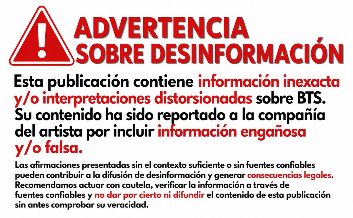 BTSDailyChile's tweet photo. 🚨 ARMY, usen estas imágenes en redes sociales cada vez que encuentren publicaciones que estén difundiendo información falsa, engañosa o fuera de contexto sobre BTS o cualquiera de los  miembros.

No dejemos que la desinformación circule sin ser cuestionada: verifiquen, reporten y úsenlas para advertir a otras personas.

Si pueden adaptarlas a otros idiomas, compártanlas en las respuestas de este tweet para que ARMY de distintos países también pueda utilizarlas.

#BTS #ARMY_BTS 

© La idea y la imagen no es de nuestra fanbase. Todos los créditos corresponden a su creador/a original.
