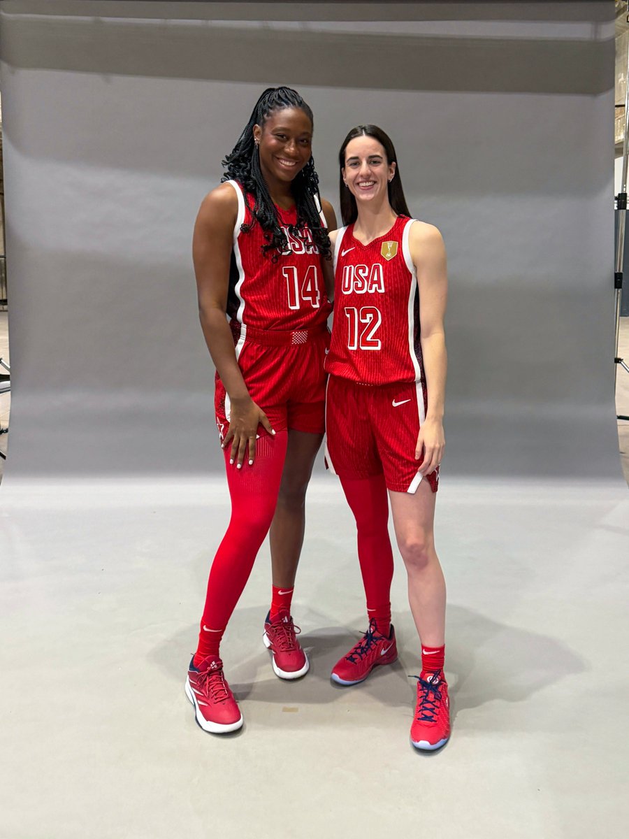 IndianaFever's tweet photo. a moment for this duo 🤩

Aliyah Boston &amp; Caitlin Clark rockin' the USA Basketball threads at World Cup media day 💥 https://t.co/TLAFOujBXX