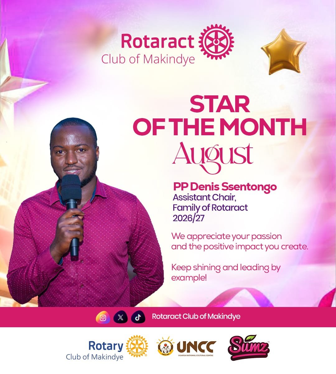 makindye_rct's tweet photo. Join us in celebrating PP Denis Ssentongo, our Assistant Chair, Family of Rotaract as our Star of the Month of August!
Your dedication, mentorship & selfless service continue to inspire The Mankind. We see you, we appreciate you!
#StarOfTheMonth #TheMankind #RotaractLegacy https://t.co/h3bSaSY6bp