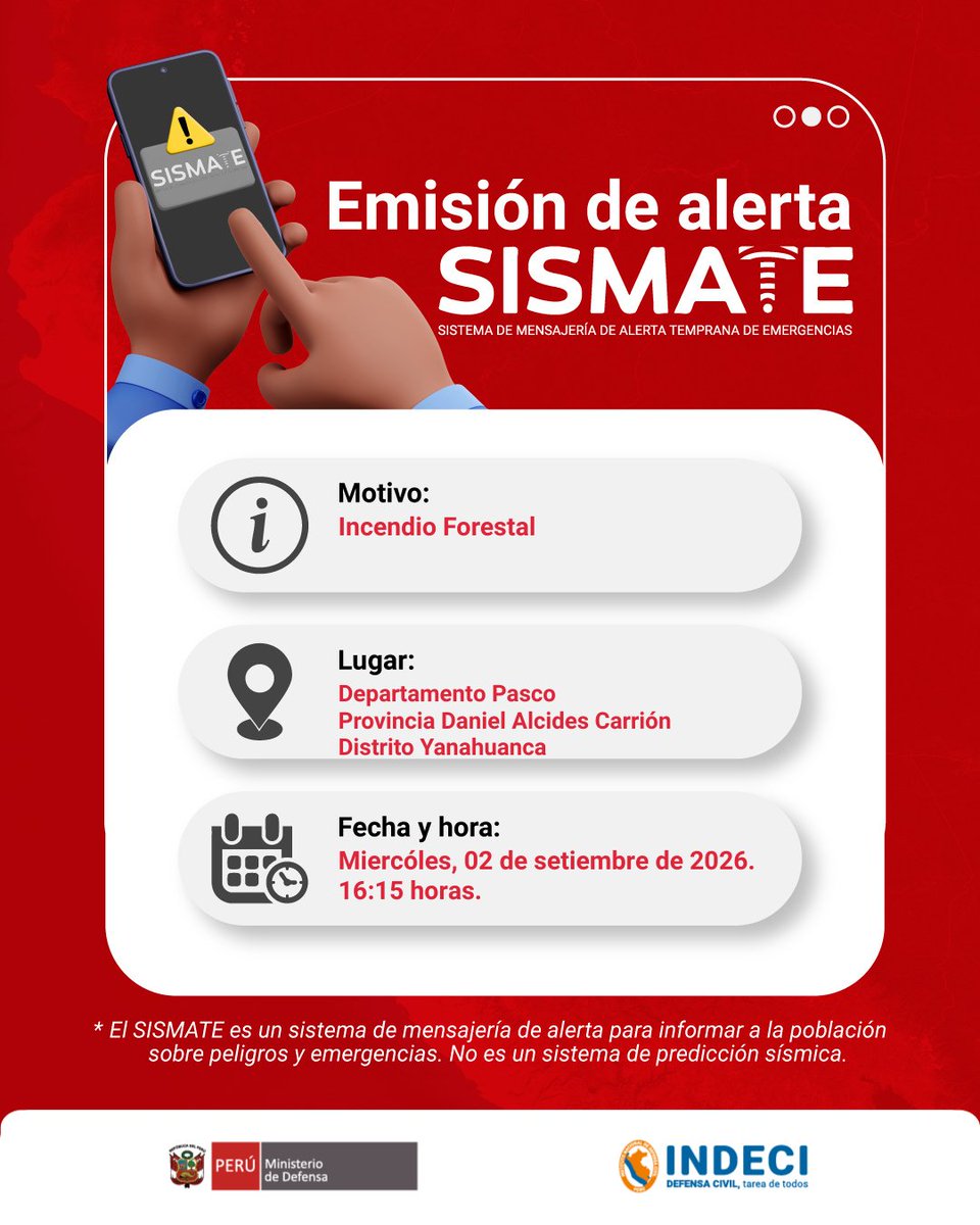 COENPeru's tweet photo. 📢Emisión de Mensajería #SISMATE N° 175 | Incendio Forestal. | @Senamhiperu 
▶️Se recomienda alejarse de la zona afectada y mantenerse atento a las indicaciones de las autoridades. https://t.co/bYMa5Q1Whf
