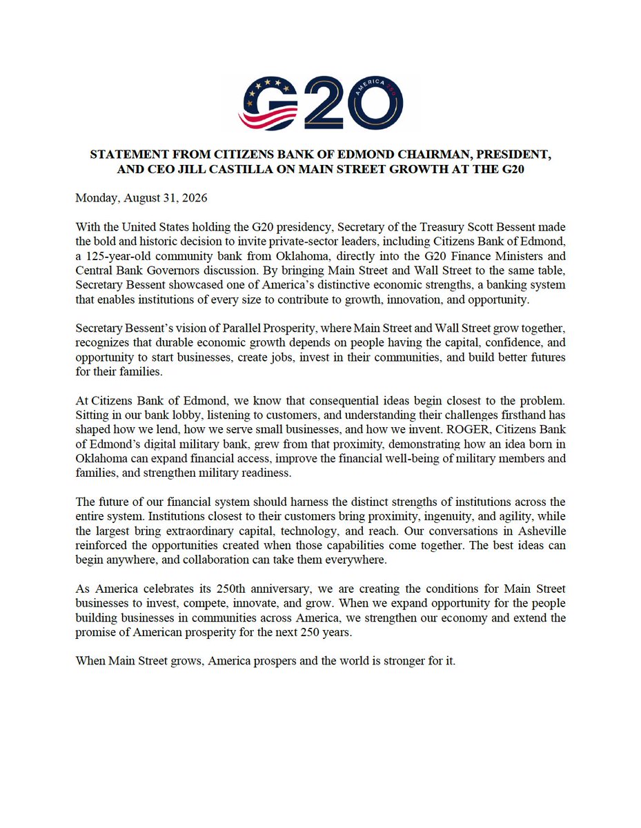 JillCastilla's tweet photo. When Main Street grows, America prospers &amp; the world is stronger for it. #g20

See my full statement from the @g20org hosted by @SecScottBessent @USTreasury: https://t.co/g76LI43e6D