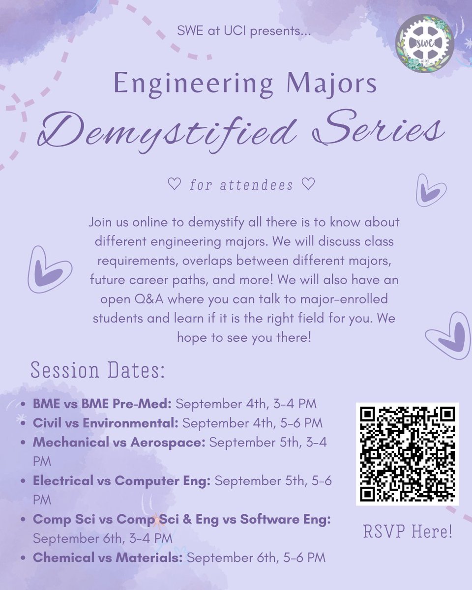 SWENext's tweet photo. Join SWE’s UCI Section for Engineering Majors Demystified, a six-part Zoom series exploring engineering majors, class requirements, career paths and more!

Students ages 12-18 can hear from current college students and ask questions during an open Q&amp;A.

RSVP using the QR code! https://t.co/GzhuiCPEEh