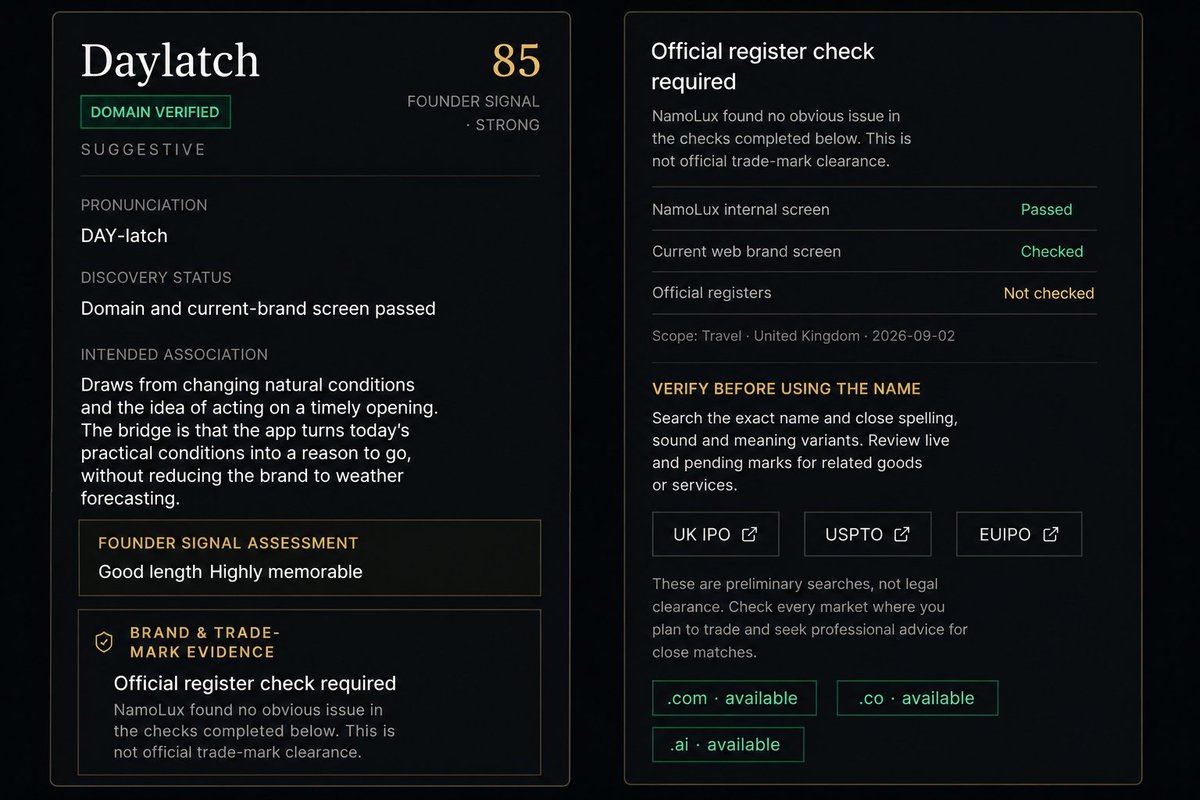 AndrewBuilds98's tweet photo. Most name generators give you a list. NamoLux gives you a verdict.
Trellivo — 59, reconsider. Dot com gone.
Daylatch — 85, strong. Dot com free.
Same brief. Different verdicts. That's the difference between a name you like and a name you can own.

https://t.co/MBdKUf7fRN https://t.co/ZJh6m2Bk4J
