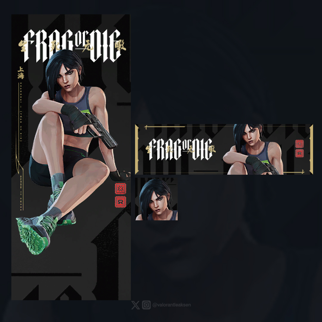 VALORANTLeaksEN's tweet photo. Champions 2026: Shanghai Rewards // #VALORANT 

• ''Frag or Die: Alpha Jade''  Playercard
• ''Frag or Die: Omega Venom'' Playercard
• ''Tactical Rice'' Gunbuddy

(Exclusive to China) https://t.co/FUWGdLRKRz