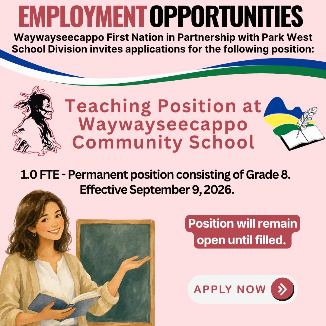 ParkWestSD's tweet photo. 🔔 The first bell is almost here, and WCS is looking for one more teacher.

A permanent Grade 8 teaching opportunity is available at Waywayseecappo Community School.

Take a look and see if WCS could be your next classroom.

🌐 https://t.co/hZlfhYZTNM https://t.co/E2XctdxM3D