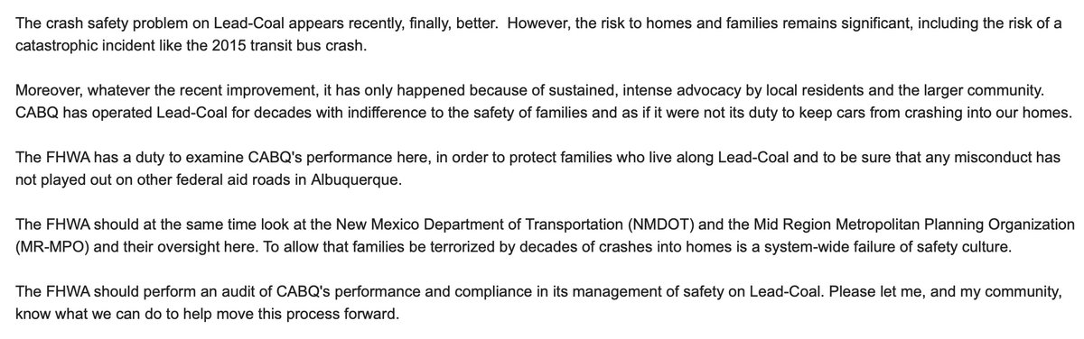 ABQStreetFight's tweet photo. Breaking! Community safety activist requests @USDOTFHWA audit of  "@cabq pattern of repeated safety violations on Lead and Coal Avenues."  @SenatorHeinrich @Rep_Stansbury @GovMLG @DebHaalandNM endorse this audit? Or endorse decades of reckless, "criminal" misconduct at @abqdmd ? https://t.co/MZc462ARGf