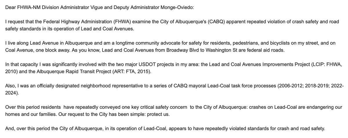 ABQStreetFight's tweet photo. Breaking! Community safety activist requests @USDOTFHWA audit of  "@cabq pattern of repeated safety violations on Lead and Coal Avenues."  @SenatorHeinrich @Rep_Stansbury @GovMLG @DebHaalandNM endorse this audit? Or endorse decades of reckless, "criminal" misconduct at @abqdmd ? https://t.co/MZc462ARGf