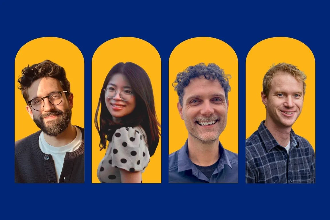 A composite image featuring headshots of Ignacio Banares-Sanchez, Feng Jiang, Andrew Jones, and Eric Slessarev inside yellow arched panels on a blue background.