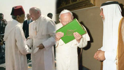 mhfmvc's tweet photo. John Paul II: The Koran Is Holy & Islam Is God’s Way (May 1985)

On May 9, 1985, John Paul II gave another speech to Muslims during a symposium in Rome.  It’s packed with blasphemy and heresy.

John Paul II, To the Participants in the Symposium on “Holiness in Christianity and in Islam” (Rome), May 9, 1985: 

“As I have often said in other meetings with Muslims, YOUR GOD AND OURS IS ONE AND THE SAME, AND WE ARE BROTHERS AND SISTERS IN THE FAITH OF ABRAHAM.  Thus it is natural that we have much to discuss concerning TRUE HOLINESS in obedience and worship to God.  
     All true holiness comes from God, who is called ��The Holy One’ in THE SACRED BOOKS of the Jews, Christians, and Muslims.  YOUR HOLY KORAN calls God ‘Al-Quddus,’ as in the verse: ‘He is God, besides whom there is no other…’ (Koran 59, 23)… 
     In today’s world, it is more important than ever that men and women of faith, assisted by God’s grace, should strive for TRUE HOLINESS… The countless numbers of good people around the world – Christians, Muslims, and others – who quietly lead lives of AUTHENTIC OBEDIENCE, praise, and thanksgiving to God and selfless service of their neighbor, OFFER HUMANITY A GENUINE ALTERNATIVE, ‘GOD’S WAY’, to a world which otherwise would be destroyed in self-seeking, hatred, and struggle.  May the God of holiness bless your efforts throughout these days!”

First, he blasphemes the true God by emphatically declaring that the false god of the Muslims is “one and the same” as the Most Holy Trinity.  He then says that Muslims “are brothers and sisters in the faith of Abraham”.  That’s heresy.  Muslims are infidels who don’t have any faith, and only those who are baptized and accept Christ belong to the faith of Abraham (Galatians 3:26-29).

John Paul II then discusses holiness.  The entire section implies that Muslims can be (and are) holy in their religion.  That’s heresy.  John Paul II explicitly calls the blasphemous Koran “holy”.  That’s a denial of the Christian faith.  He then states that there are countless Muslims who are good people and that they (and other non-Christians) “lead lives of authentic obedience” to God.  He explicitly teaches that Muslims follow “God’s way”!  Those statements clearly endorse the false religion of Islam as a way to be holy and reach God.  They are notoriously heretical and express religious indifferentism.  They also deny the dogma Outside The Church There Is No Salvation.  John Paul II was an apostate antipope.