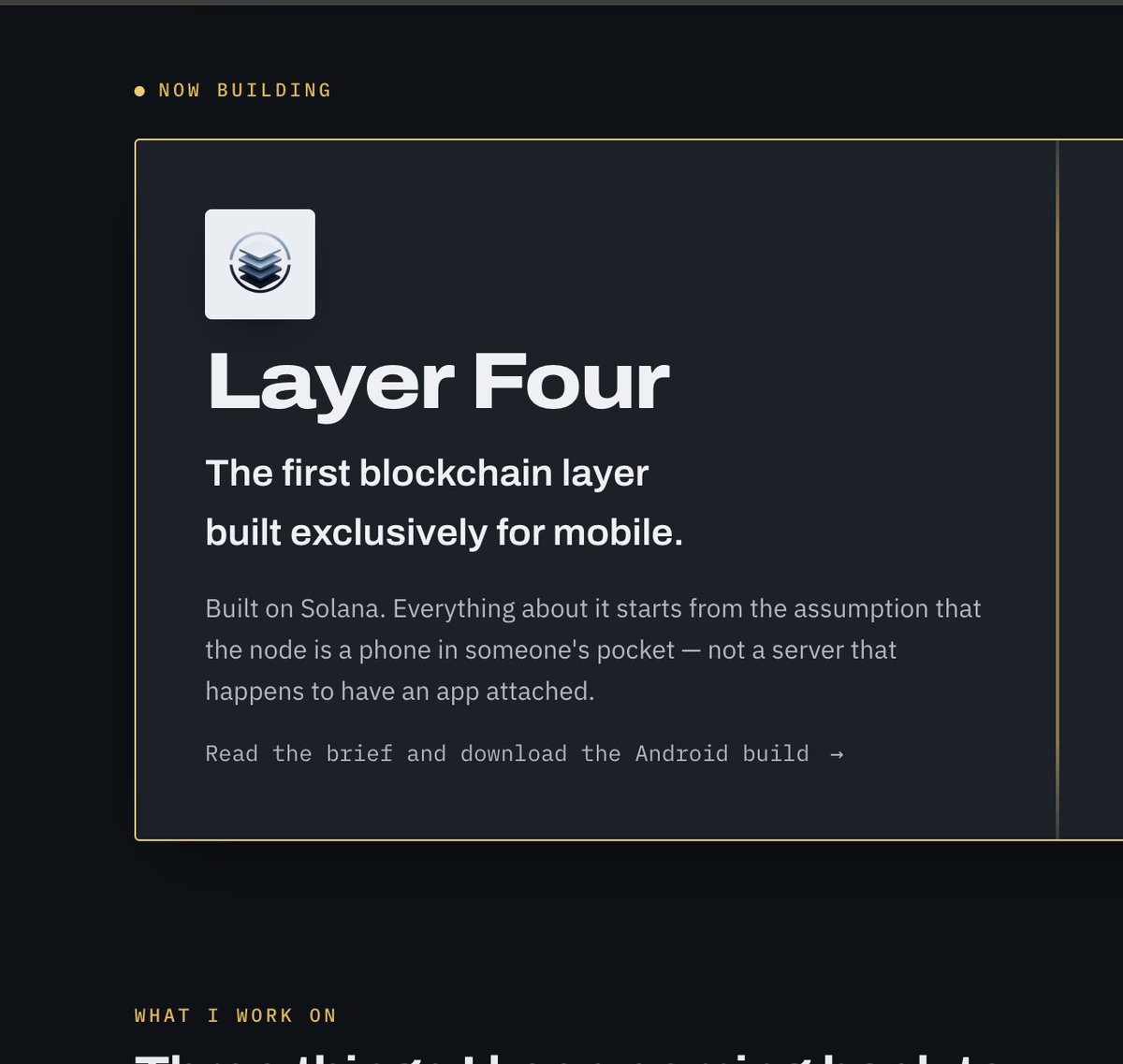 0xYepIGotIt's tweet photo. This stacked Microsoft dev (@CesarValiente) made a new protocol called Layer Four (which has never been done before)

His X and github (https://t.co/5mWC21YqhK) link to his personal site, https://t.co/0jFLyFZ3Lx

On his site, it shows his current project, Layer Four, built on SOL https://t.co/qklMwwPmOE