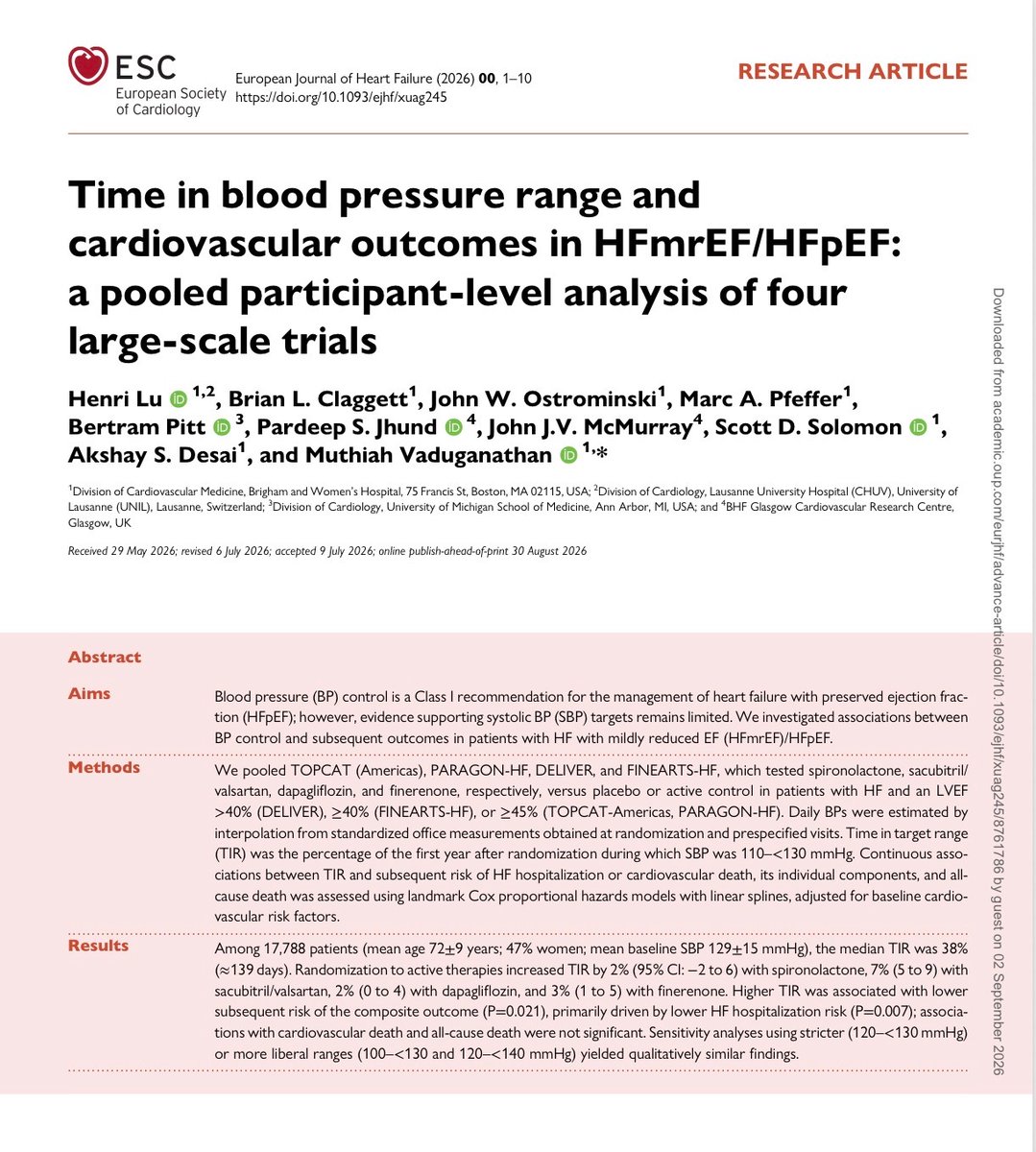 EJHFEiC's tweet photo. Time in blood pressure range and CV outcomes in #HFmrEF/#HFpEF: a pooled participant-level analysis of four large-scale trials

https://t.co/CRd6JZFGye

#EJHF @HanCardiomd @AmrAbdin10 @GiuseppeGalati_  @mvaduganathan https://t.co/0cANWxgzr2