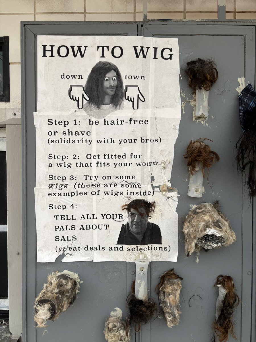 kayteterry's tweet photo. There is an abandoned Checkers turned Boston Market in South Philly that is transforming into an increasingly unhinged art installation. It started with a re-arranged sign reading “penis wigs for sal” and well, there’s more… https://t.co/JPxG2RBiEw