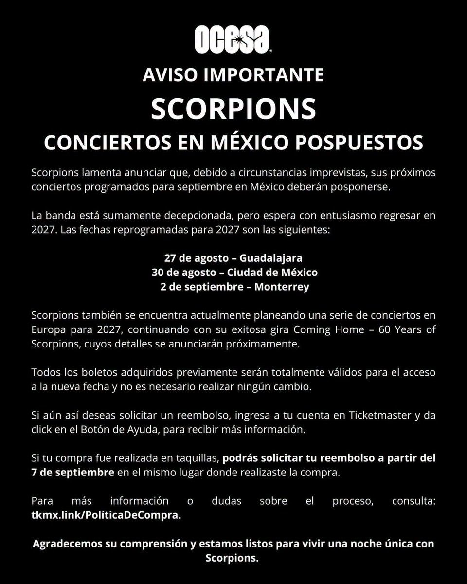 FilaZeroGDL's tweet photo. Scorpions Reprograma su gira por México debido a circunstancias imprevistas.
La nueva fecha para Guadalajara es el 27 de Agosto del próximo año.
Este evento es presentado por
@ocesa_total
#Scorpions
#Reprogramado https://t.co/K0xk7TijjT