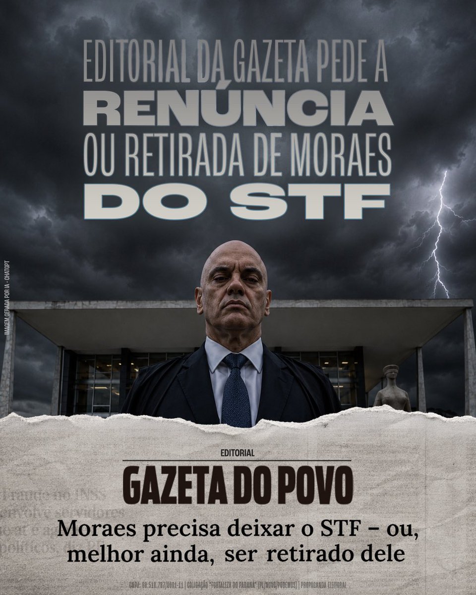 deltanmd's tweet photo. 🚨 A GAZETA NÃO POUPOU PALAVRAS: “RETIRE-SE OU SEJA RETIRADO.”

Há anos se acumulam críticas a Alexandre de Moraes por decisões consideradas abusivas, violações ao devido processo legal, concentração de funções e excessos no exercício do poder.

Agora, diante das novas revelações envolvendo Daniel Vorcaro, o editorial da @gazetadopovo foi ainda mais duro e classificou a relação exposta como “turva e indecente”.

Quando surgem indícios tão graves envolvendo um ministro do Supremo e o principal personagem de um escândalo dessa dimensão, silêncio não é resposta. É preciso investigação, transparência e responsabilização.

AGORA É FORA MORAES. TOGA NÃO É ESCUDO. SUPREMA É A CONSTITUIÇÃO.

Compartilhe para que mais pessoas vejam a verdade! 🇧🇷